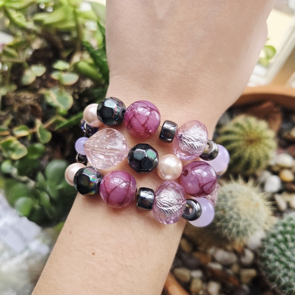 Vintage Purple & Pink Oversized Boho Bohemian Bead Layer Beaded Stretch Bracelet - Picture 3 of 11